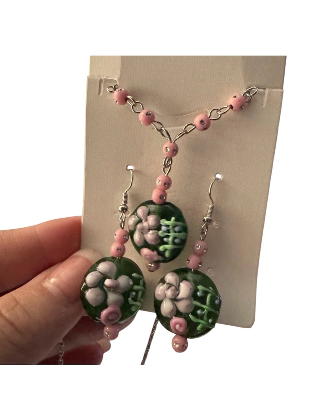 Silver and Pink Floral Glass Bead Necklace & Earring Set